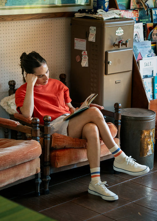 ROTOTO - Retro Athletic Sock - Coral/ Yellow