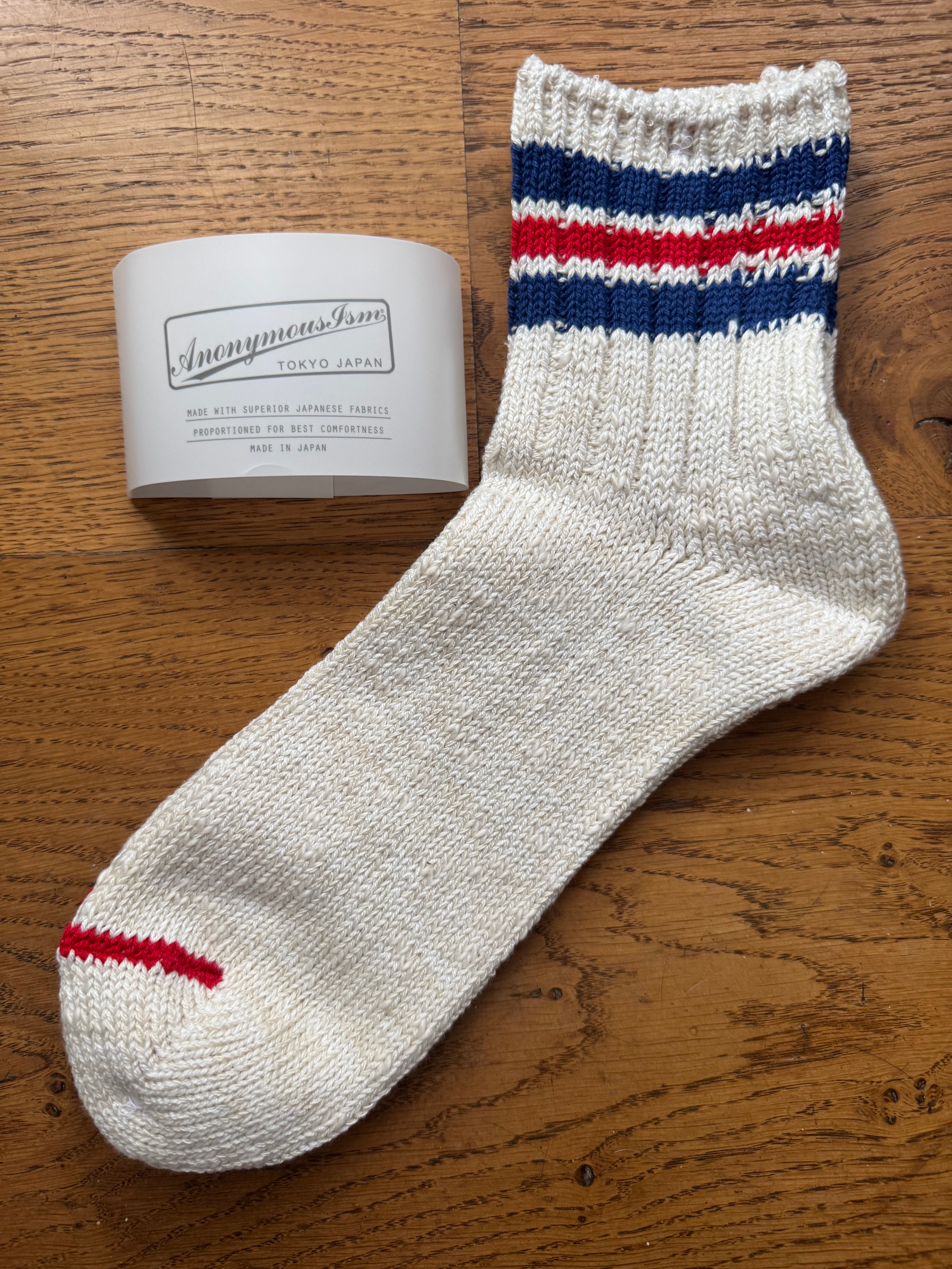 ANONYMOUS ISM Socks - 3 Line Thick Slub - Off White/ Red