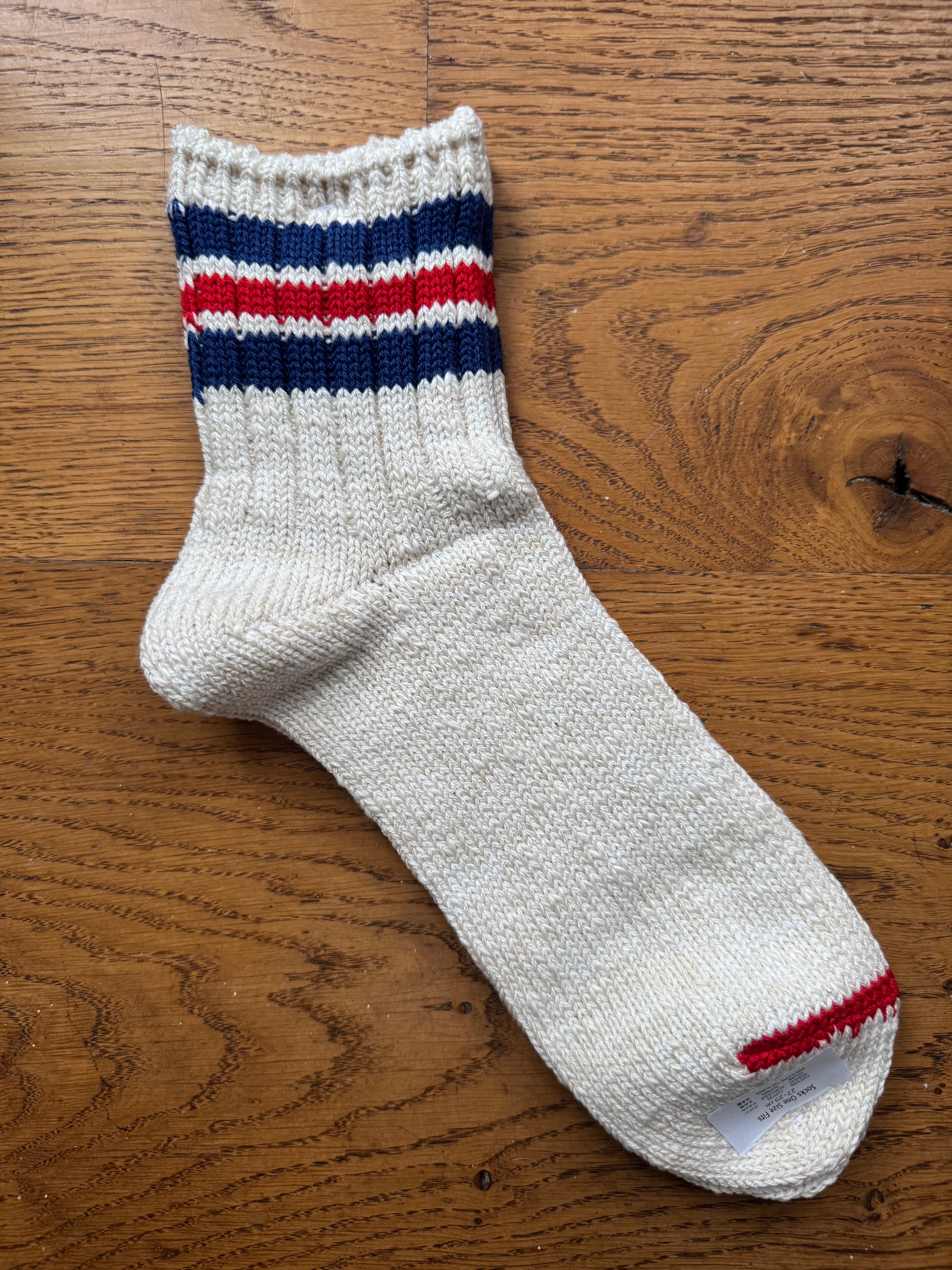 ANONYMOUS ISM Socks - 3 Line Thick Slub - Off White/ Red
