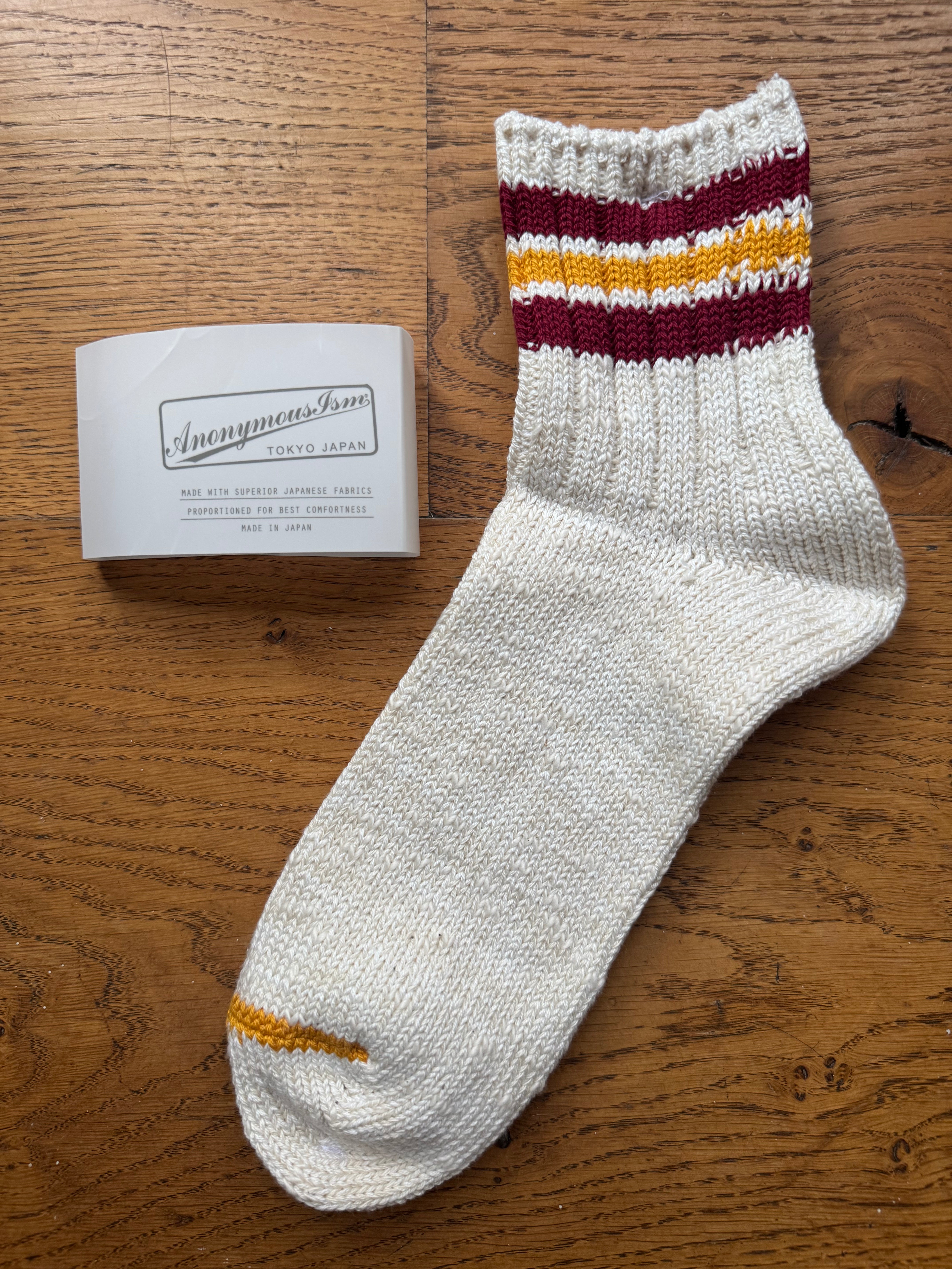 ANONYMOUS ISM Socks - 3 Line Thick Slub - Wine/ Mustard