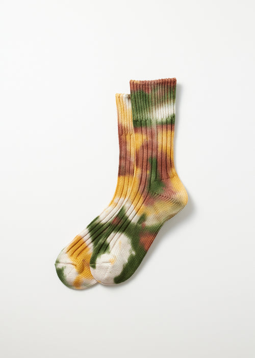 ROTOTO - Chunky Rib Tie Dye Sock - Green/ Gold/ Brown
